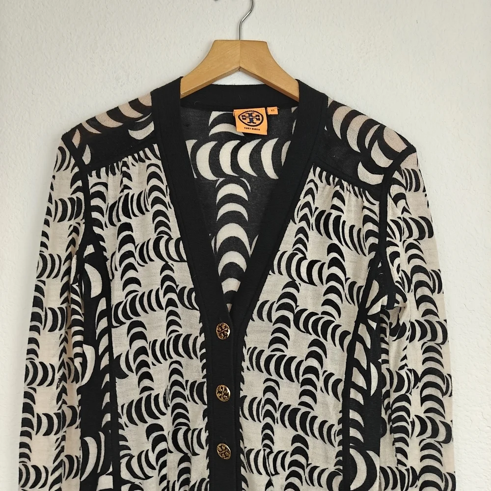 Tory Burch Black & Cream Graphic Wool Cardigan XS | Chic Button Front Statement